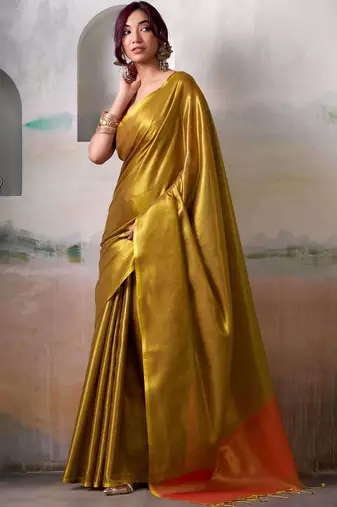 Gold gold tissue silk zari weaving saree with contrast blouse piece