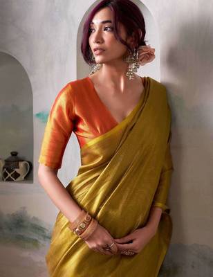 Gold gold tissue silk zari weaving saree with contrast blouse piece 4