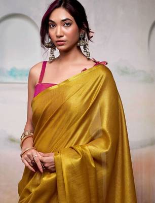 Yellow zari tissue handloom saree 2