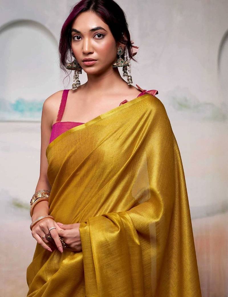 Yellow zari tissue handloom saree