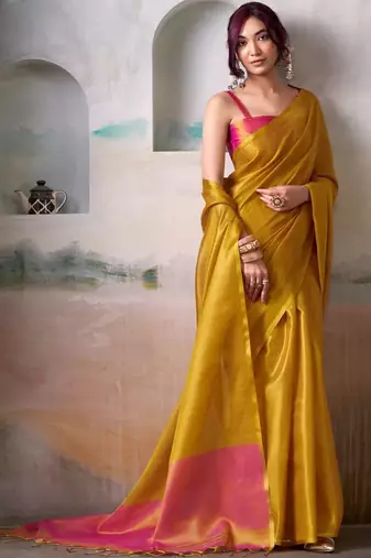 Yellow zari tissue handloom saree