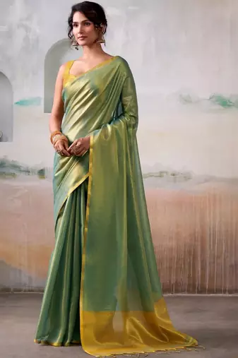 Green women zari tissue saree with blouse piece