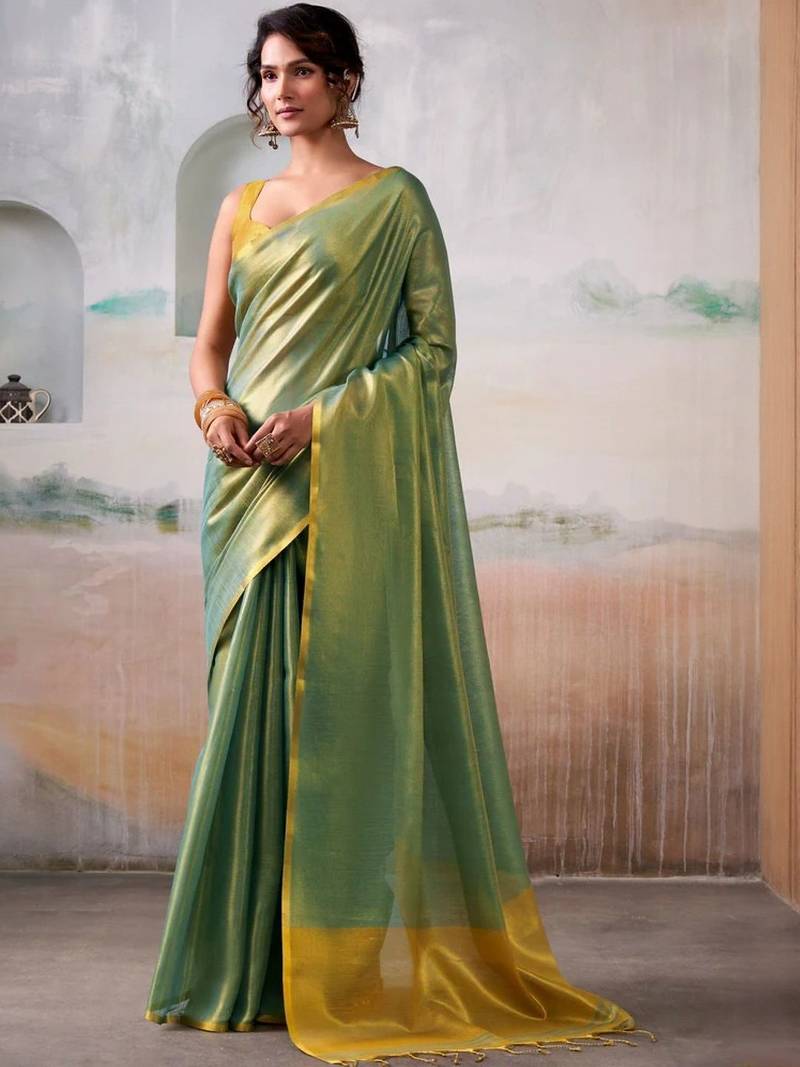 Green women zari tissue saree with blouse piece