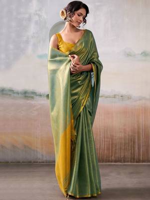 Green women zari tissue saree with blouse piece 3