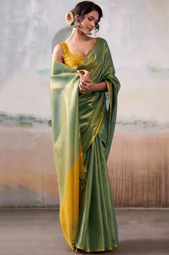 Green women zari tissue saree with blouse piece