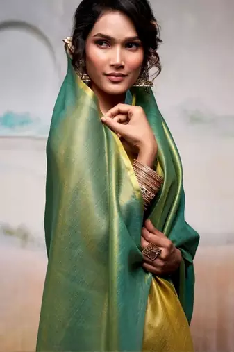 Green women zari tissue saree with blouse piece