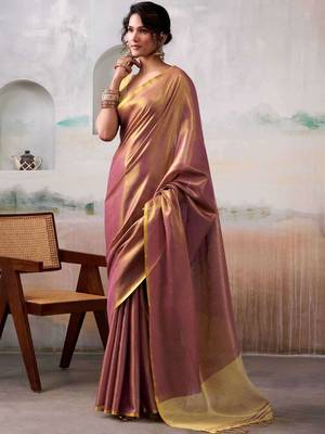Pink woven design zari tissue saree 1