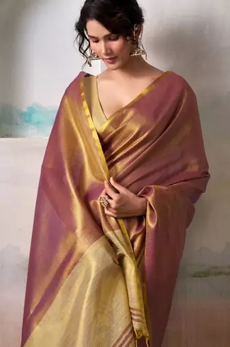 Pink woven design zari tissue saree