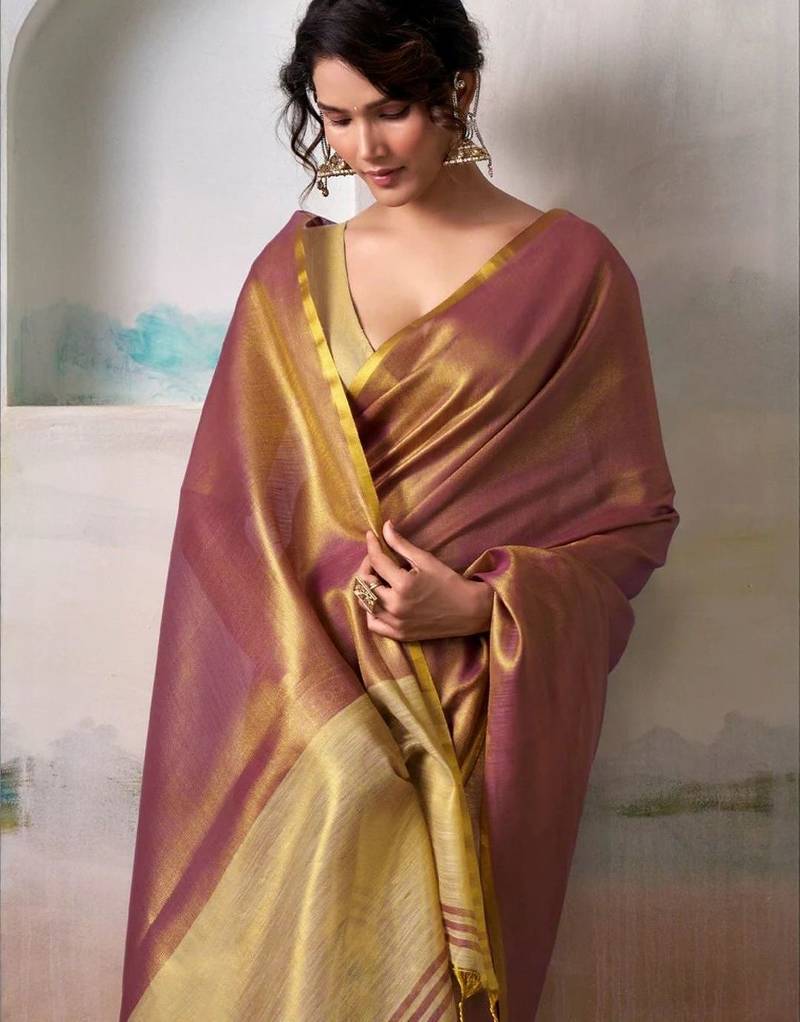 Pink woven design zari tissue saree