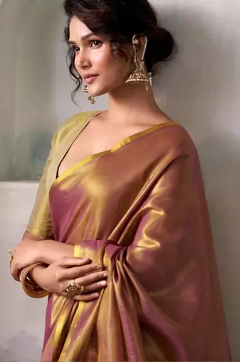 Pink woven design zari tissue saree