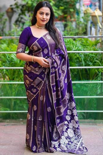 Blue blue woven design silk blend chanderi sarees