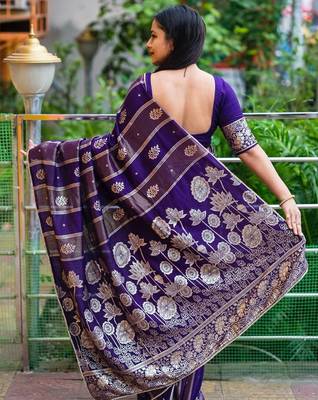 Blue blue woven design silk blend chanderi sarees 3