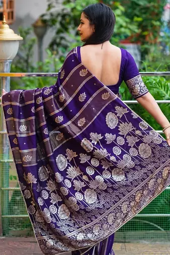 Blue blue woven design silk blend chanderi sarees