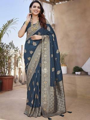 Teal ethnic motifs woven design zari banarasi saree with unstitched blouse piece 1