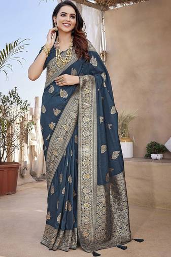 Teal ethnic motifs woven design zari banarasi saree with unstitched blouse piece