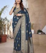 Teal ethnic motifs woven design zari banarasi saree with unstitched blouse piece