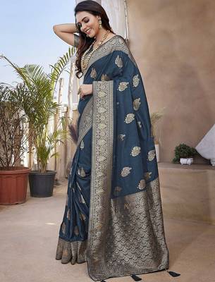 Teal ethnic motifs woven design zari banarasi saree with unstitched blouse piece 2