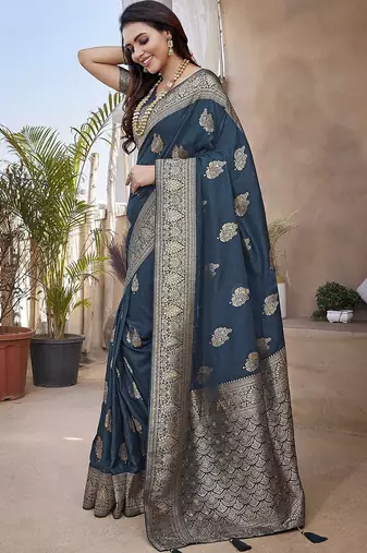 Teal ethnic motifs woven design zari banarasi saree with unstitched blouse piece