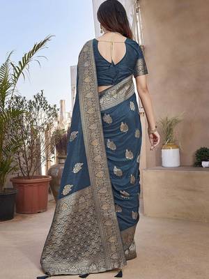 Teal ethnic motifs woven design zari banarasi saree with unstitched blouse piece 3