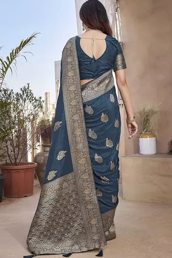 Teal ethnic motifs woven design zari banarasi saree with unstitched blouse piece
