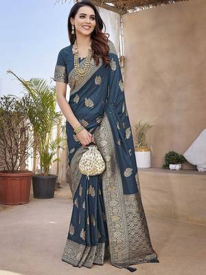 Teal ethnic motifs woven design zari banarasi saree with unstitched blouse piece 4