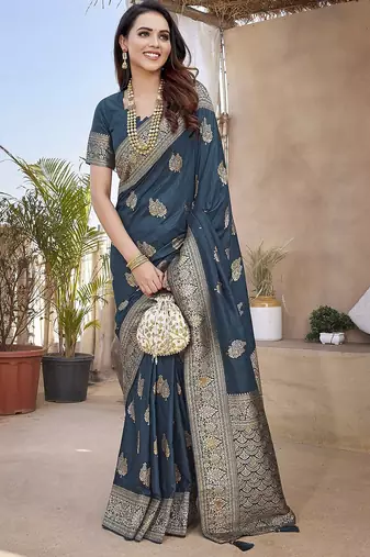 Teal ethnic motifs woven design zari banarasi saree with unstitched blouse piece