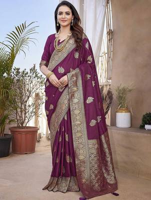 Purple woven design zari banarasi saree 1