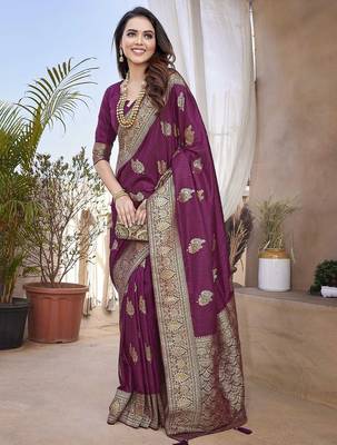 Purple woven design zari banarasi saree 4