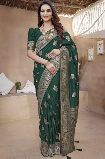 Green woven design zari banarasi saree with unstitched blouse piece