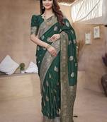 Green woven design zari banarasi saree with unstitched blouse piece