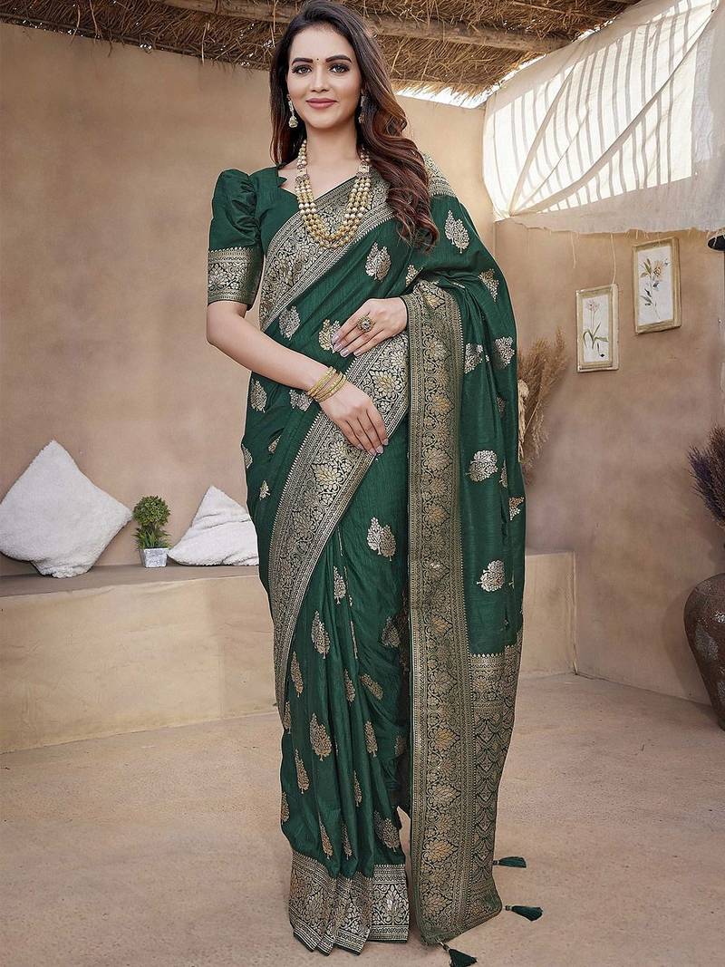 Green woven design zari banarasi saree with unstitched blouse piece