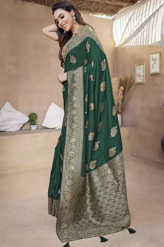 Green woven design zari banarasi saree with unstitched blouse piece