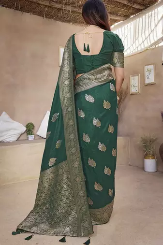 Green woven design zari banarasi saree with unstitched blouse piece