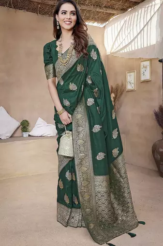 Green woven design zari banarasi saree with unstitched blouse piece