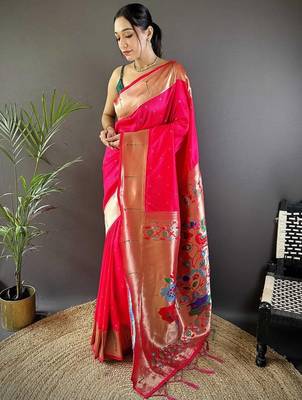 Pink soft silk paithani saree with unstitched blouse piece 1