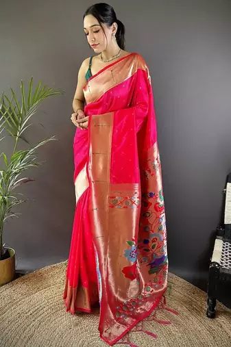 Pink soft silk paithani saree with unstitched blouse piece