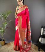 Pink soft silk paithani saree with unstitched blouse piece