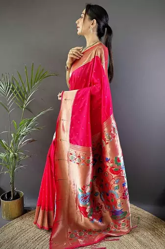 Pink soft silk paithani saree with unstitched blouse piece