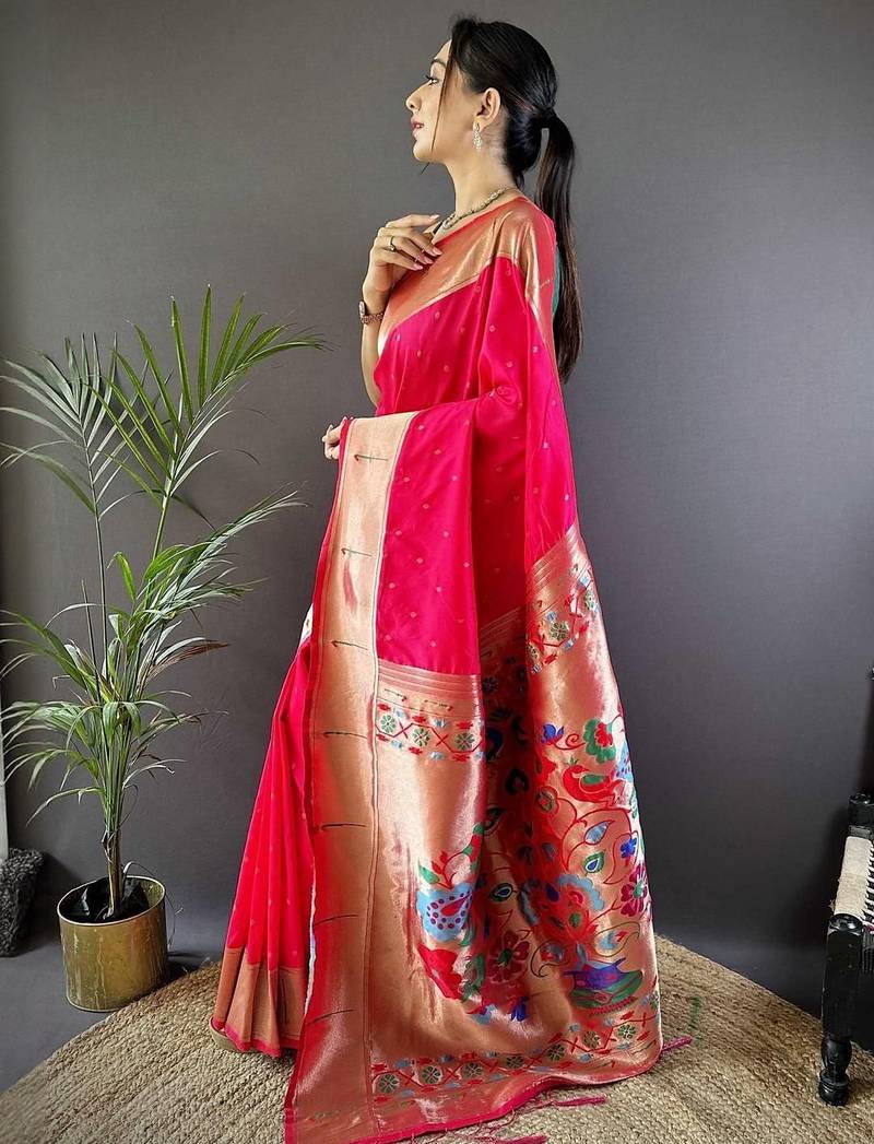 Pink soft silk paithani saree with unstitched blouse piece