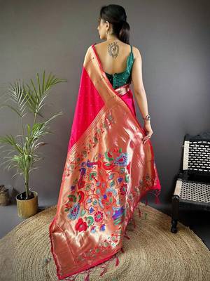 Pink soft silk paithani saree with unstitched blouse piece 3