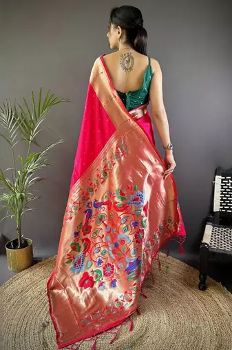Pink soft silk paithani saree with unstitched blouse piece