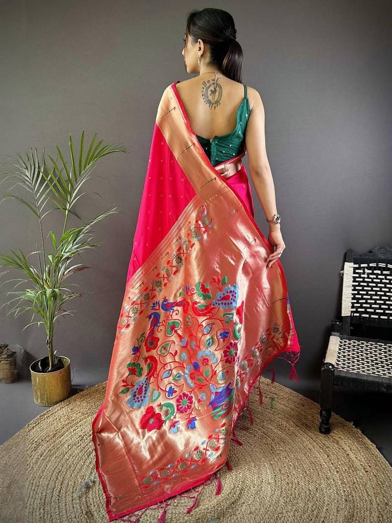 Pink soft silk paithani saree with unstitched blouse piece