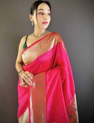 Pink soft silk paithani saree with unstitched blouse piece 4