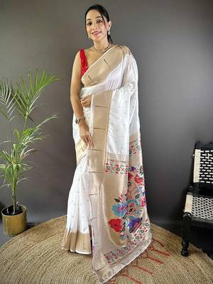 White soft silk paithani saree with unstitched blouse piece 1