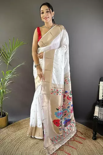 White soft silk paithani saree with unstitched blouse piece