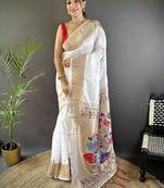 White soft silk paithani saree with unstitched blouse piece