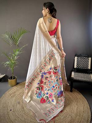 White soft silk paithani saree with unstitched blouse piece 2