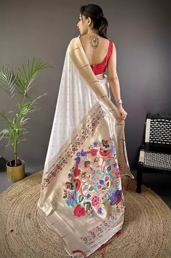 White soft silk paithani saree with unstitched blouse piece