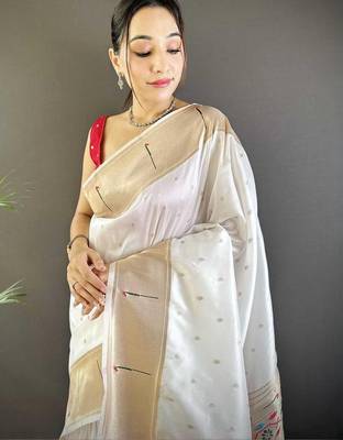 White soft silk paithani saree with unstitched blouse piece 3
