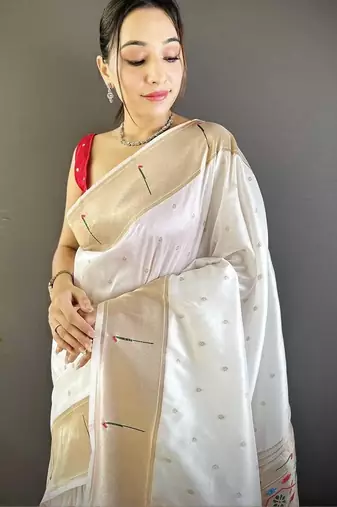 White soft silk paithani saree with unstitched blouse piece